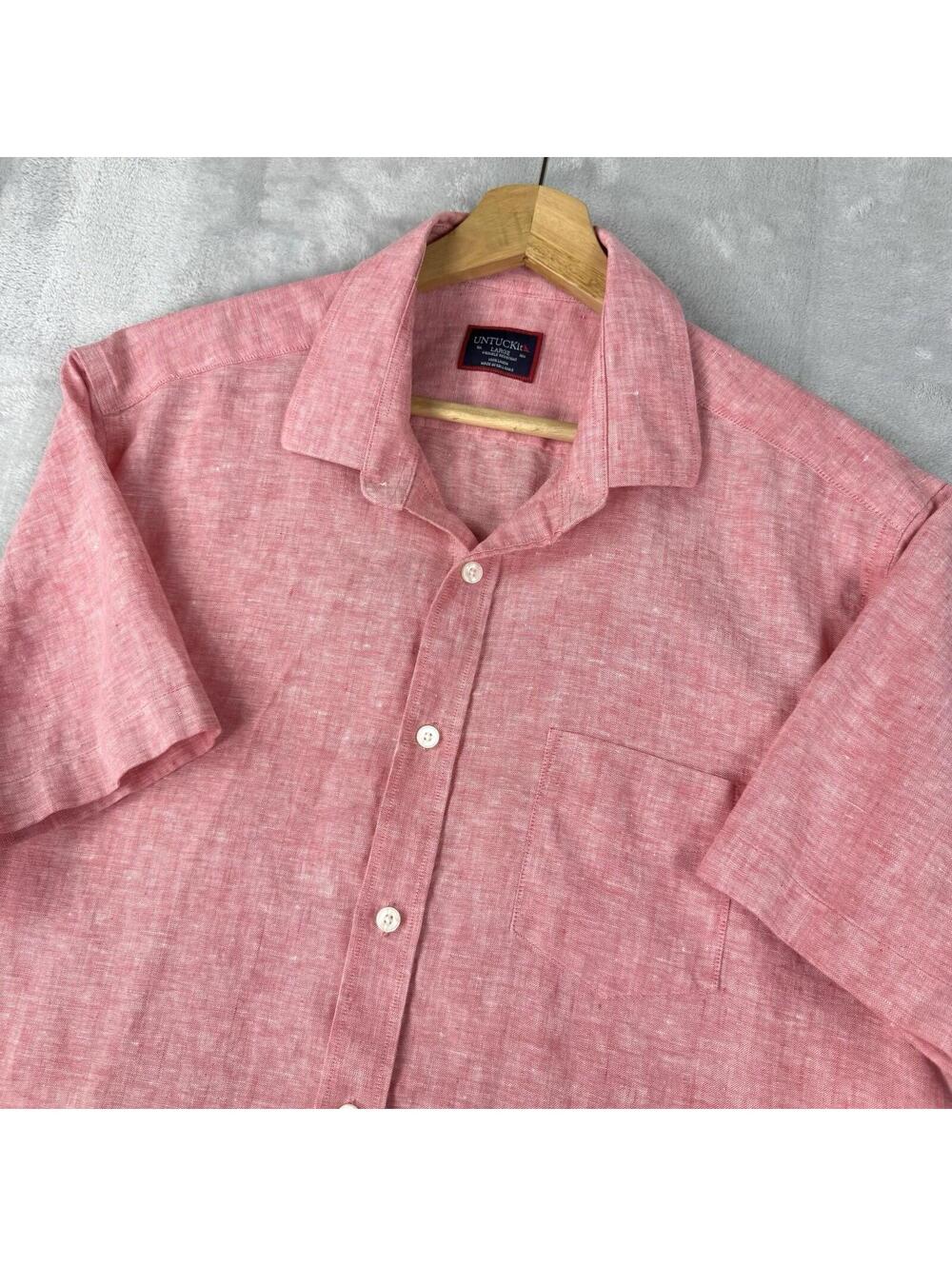 UNTUCKit Cameron Linen Shirt Red Short Sleeve Button Up Men Size L Casual Preppy